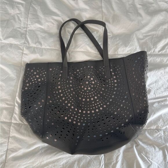 Perforated Gray Faux Leather Tote Bag – 18” x 13” Large Shoulder Bag - Picture 1 of 12